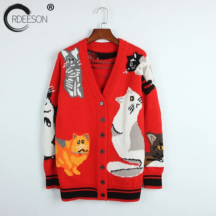 

ORDEESON Long Cardigan Cat Designer Sweater Runway 2017 Deep V Neck Top Christmas Sweater Jersey Womens Sweaters Coat Cardigan