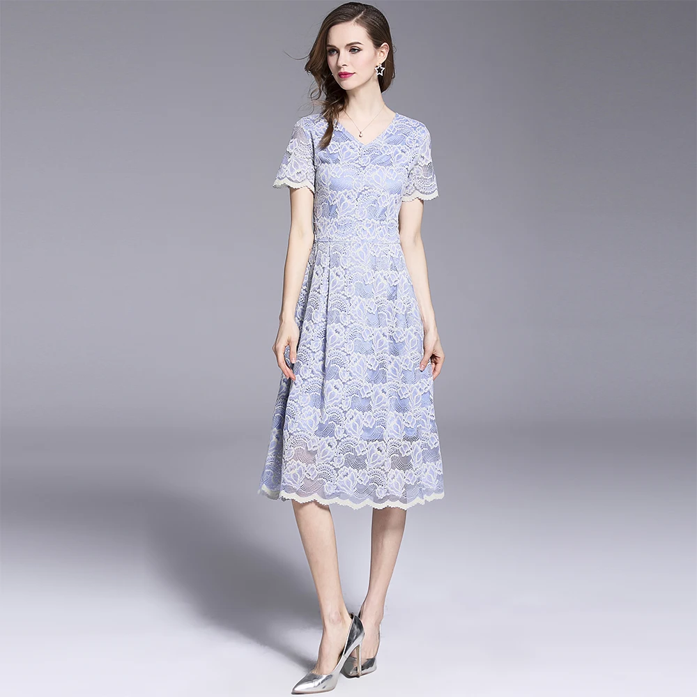 Shetelisi Women Lace Long Dress Light Blue Color Hollow out Party