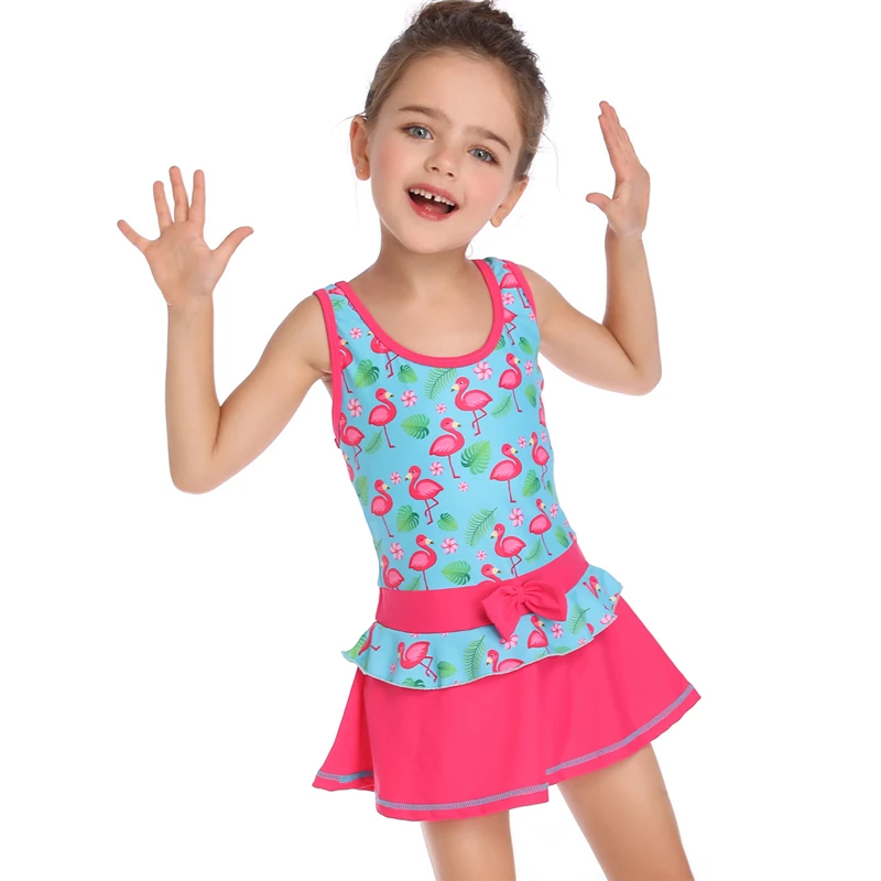 

2019 New Arrival Girls Patchwork Swimwear Flamingo Print Skirt Bow One Piece Suits Swimsuit Bathing Suit Beach Wear Hot S8D809X