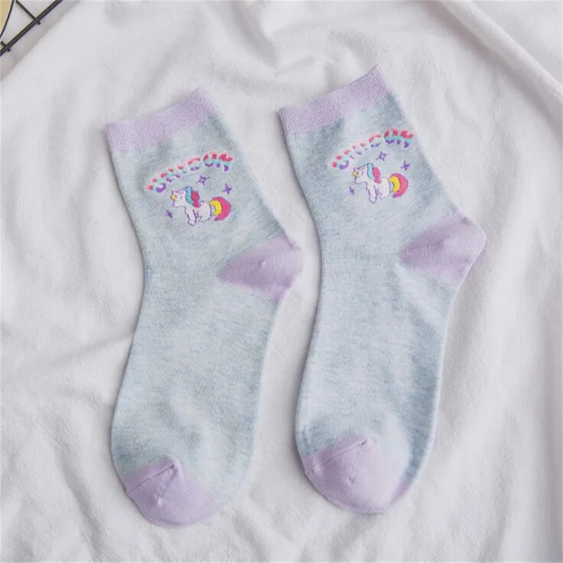 Милые носки с единорогами, женские хлопковые носки в японском стиле с героями мультфильмов для девочек, розовые и Белые Повседневные кавайные носки с лошадью, Calcetines Mujer
