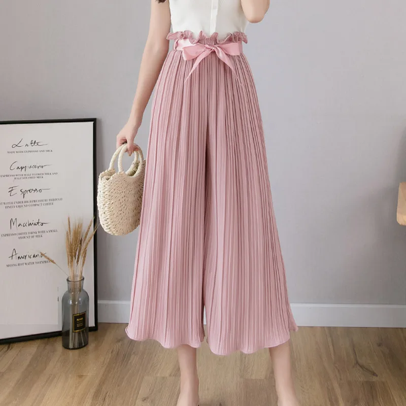 

LZMZA Women Pleated Chiffon Pants Summer Harajuku Ruffles Ankle-Length Pant High Waist Loose Wide Leg Pants