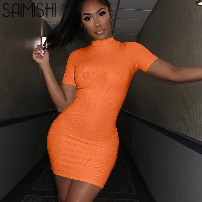 

Saimishi Neon Green Solid High Neck Short Sleeve Bodycon Dresses Summer Women Stretchy Casual Streetwear Party Slim Fit Dress
