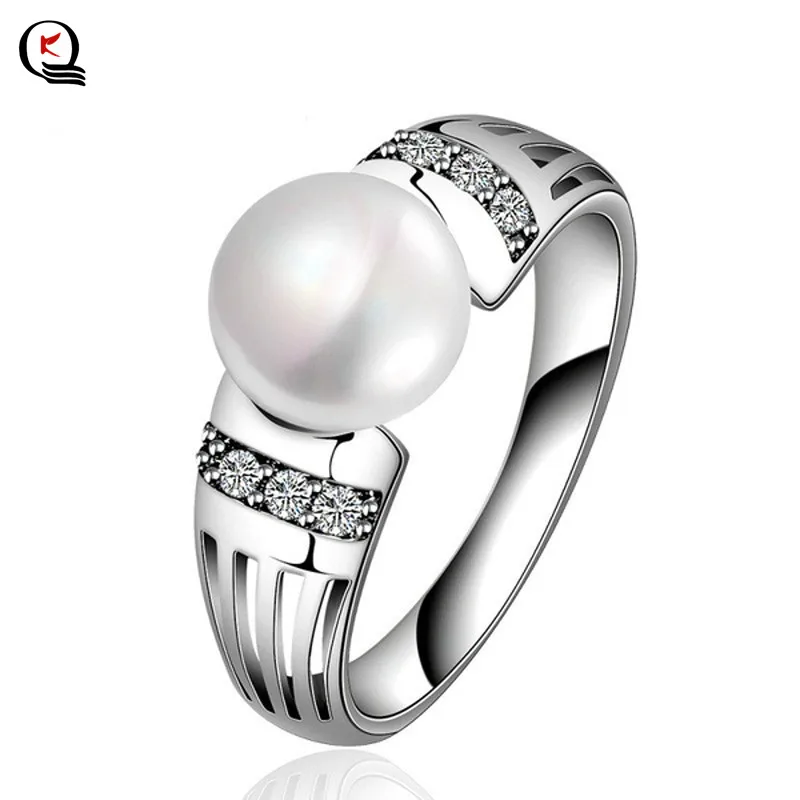 

New Silver Plated White Crystal Rhinestone Engagement Wedding Party Ring Pearl For Women Fashion Jewelry Gifts Size 6 7 8 9 10