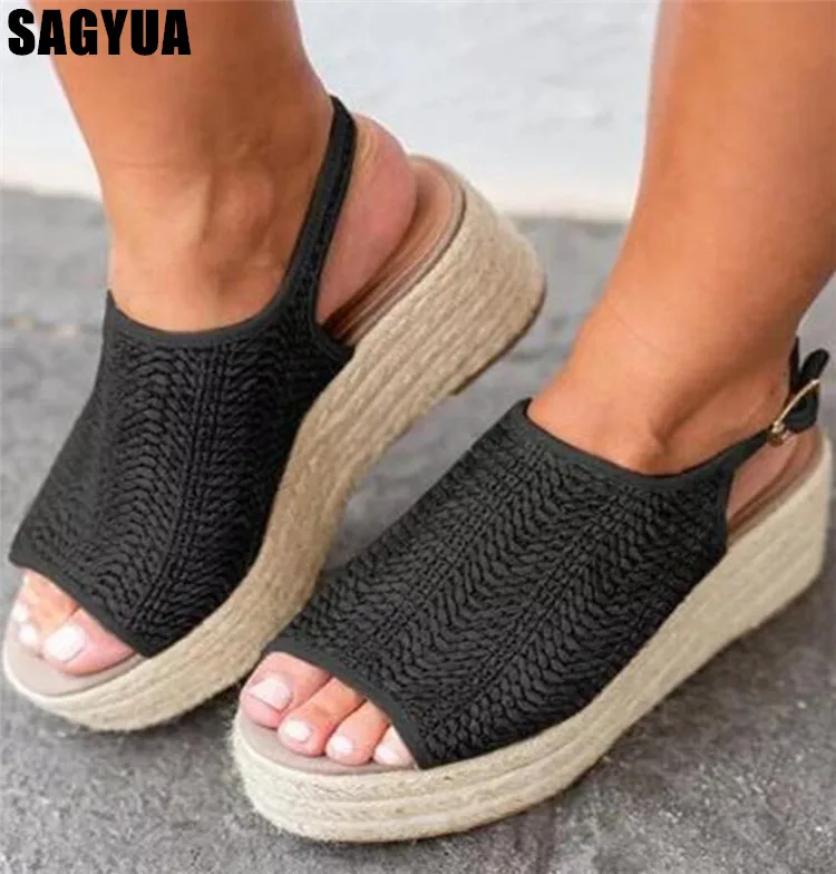 

Weaving Wedge women sandals summer woman Fish mouth Thick bottom shoes ladies Buckle slip on Platform Casual shoes big size A921