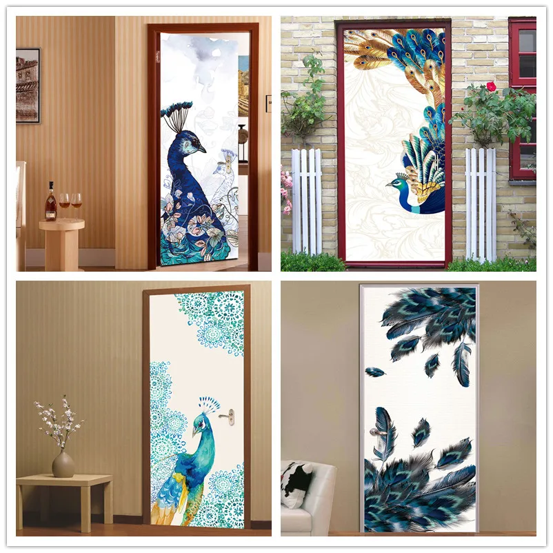 

2pcs 77*200cm Peacock Cartoon with Glue Self Adhesive Wallpaper PVC 3D Wall Sticker Brick Waterproof Wall Paper For Door Sticker