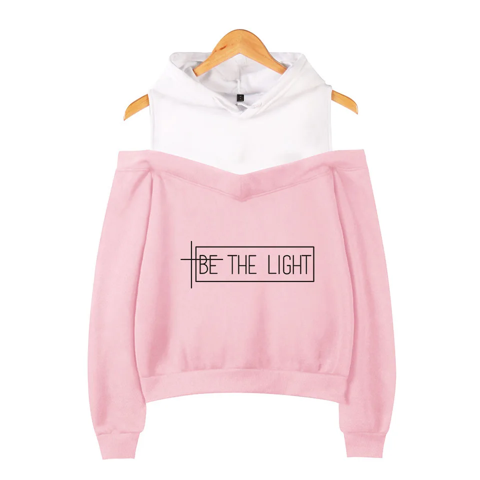 

Be The Light printed Fashion Sweatshirt Long Sleeve Hoodies women patchwork sexy off shoulder black white pink Hoodie pullover