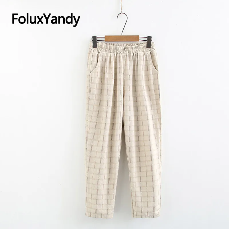 

2019 New Cotton and Linen Summer Pants Women Plus Size XXXL 4XL Loose Ankle-length Plaid Harem Pants KKFY3476