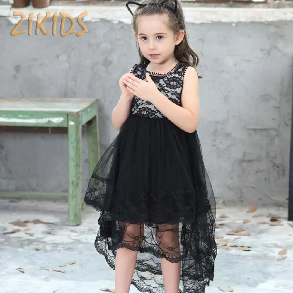 1 8Y Girls Dress Summer Black Swallow Tail Wave Edge Lace Black Dresses