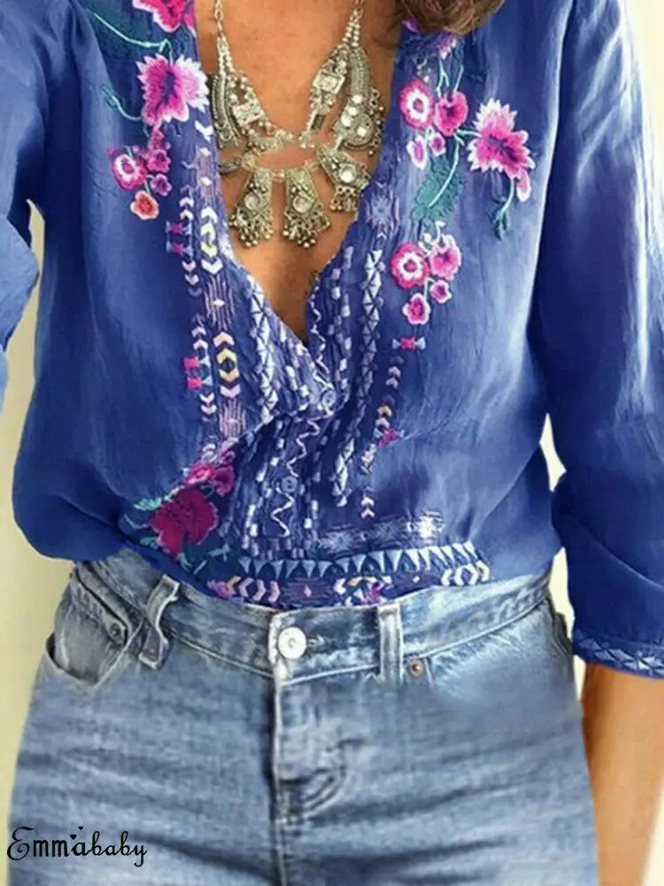 

Women V-neck Button Tops Long Sleeve Tunic Blouse Flower Print Shirts Ladies Loose Embroidered Flower Shirt Plus Size S-3XL