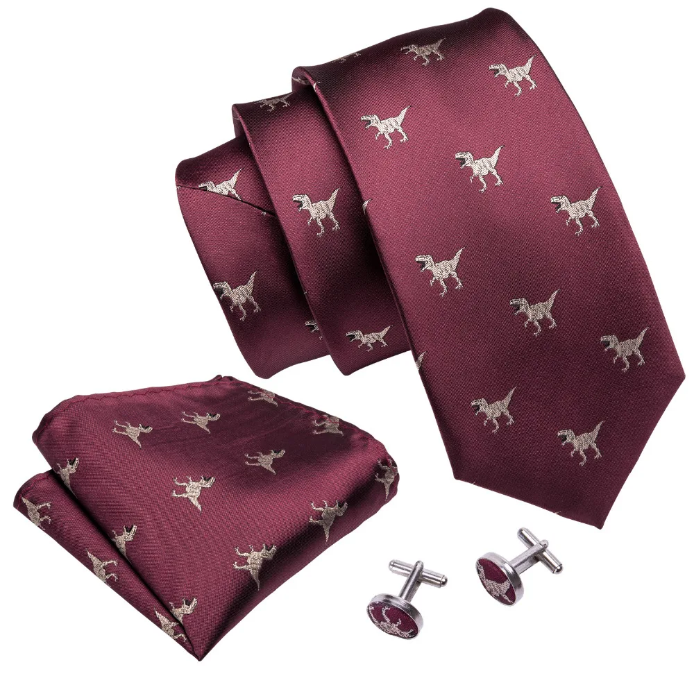 Men's Dinosaur Silk Tie Handkerchief and Cufflinks Set | Red