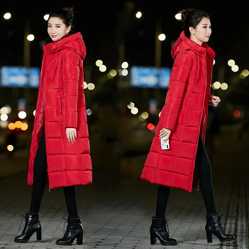 6XL размера плюс зимняя одежда длинное пальто женское пальто стеганая куртка с капюшоном женская теплая парка Feminina верхняя одежда зимняя одежда - Цвет: red