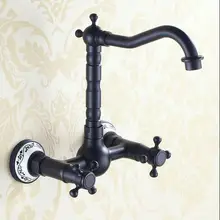 Черный настенный латунный кухонный кран Смеситель кран с двойной ручкой Поворотный носик кухонный кран с 2 керамическим основанием JM5270