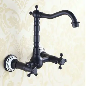

Black Wall Mounted brass Kitchen Faucet Mixer Taps Dual Handle Swivel Spout Kitchen tap with 2 ceramic base JM5270