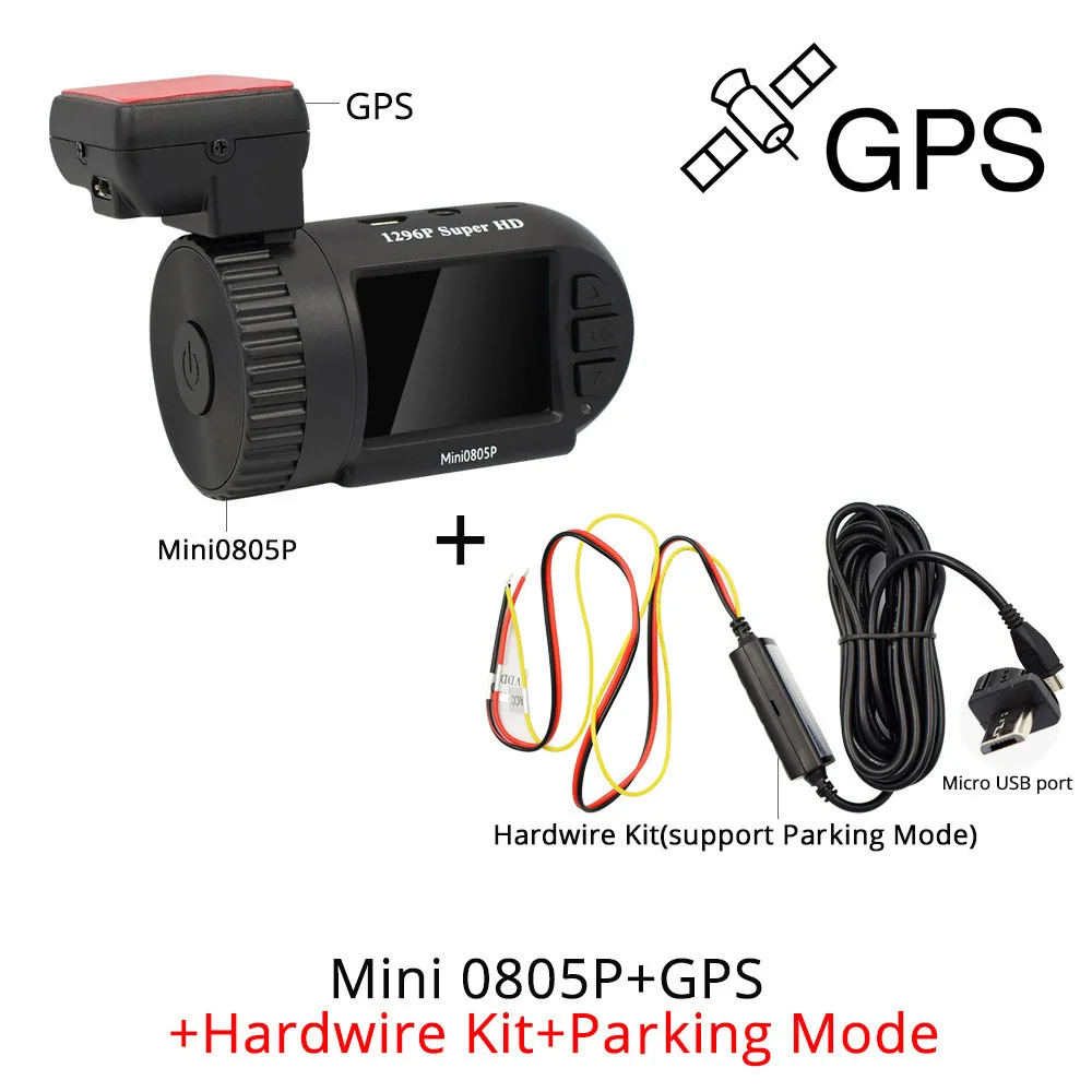 Arpenkin мини 0805P gps Автомобильный видеорегистратор 1296P конденсатор g-сенсор монитор парковки защита напряжения видео рекордер HD DVR видеорегистратор - Название цвета: DVR and Hardwire kit