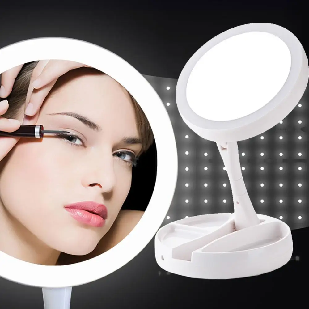 

LED Lighted Makeup Mirror 2-Face Adjustable Stand Desk Tri-fold with Storage Box Organizer 10X Magnifying mirror Gifts