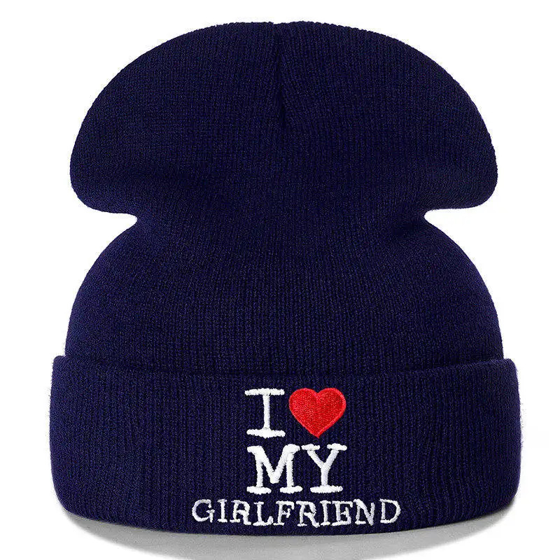 Новинка унисекс пара Beanie I LOVE MY BOYFRIEND письмо повседневные зимние шапки для мужчин женщин теплая вязаная шапка модная однотонная шапка - Цвет: Girlfriend Navy Blue