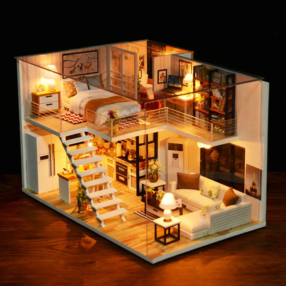 

Loft Apartments LED Light Miniature Multiple Styles Craft Christmas DIY Cabin Handmade Wooden Furniture Music Dollhouse Assemble