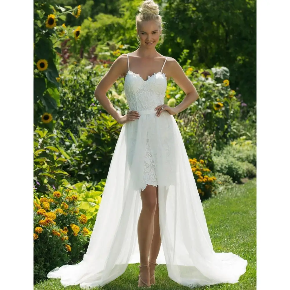 

Detachable Tulle Skirt Short Inside Wedding Dress 2 in 1 New Style Spaghetti Straps Sweetheart Bridal Gown Robe De Soiree