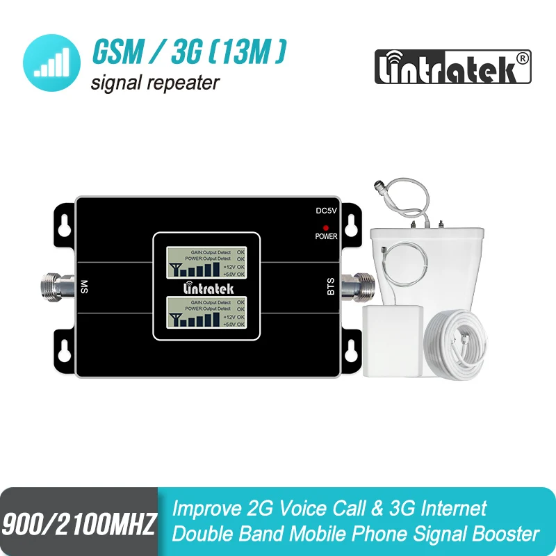 

Lintratek Double Band GSM 900mhz WCDMA 2100mhz Mobile Phone Signal Booster LCD Display 2G 3G 900 2100 Repeater Amplifier Set#6-2