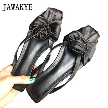 

Sexy black silk flower Slippers Women square toe flat Shoes woman ankle cross tied sandals two wearing styles summer sandals