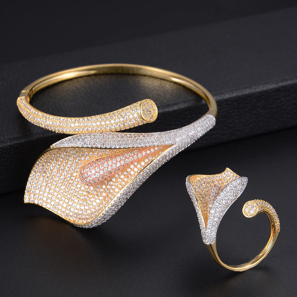 

Luxury Plant Flower Leaves Full Micro Cubic Zirconia Geometry Bracelet Bangle Ring Sets Dress Jewelry Sets