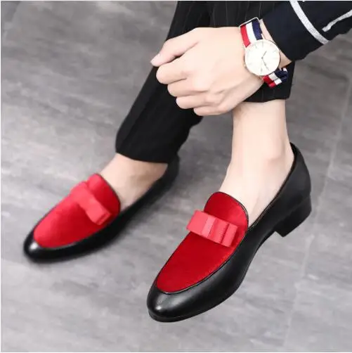 

Gentlemen Bowknot Wedding Dress Male Flats Casual Slip on Shoes Black Patent Leather Red Suede Loafers Men Formal Shoes 38-47