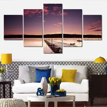 

5 Panel Dusk Red Sky Long Bridge Seascape Modern Home Wall Decor Canvas Picture Art Hd Print Painting On Canvas For Living Room
