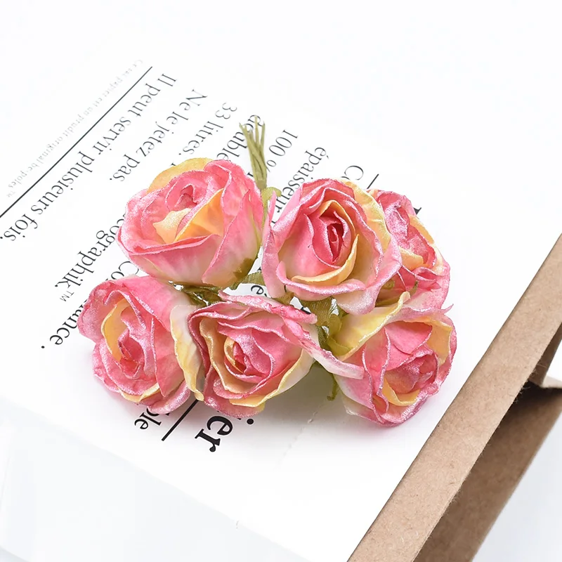 6 шт., декоративные цветы для скрапбукинга, венки, Подарочная коробка для конфет, шелковые розы, помпон, брошь для невесты, аксессуары, искусственные цветы