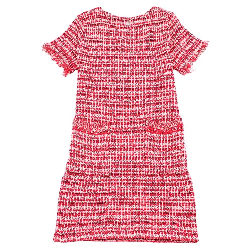 Women Knit Dress 2018 New Small Fragrance Fine Grain Contrast Color Tassel Round Neck Short Sleeve Double Pocket Knit Dress Dresses