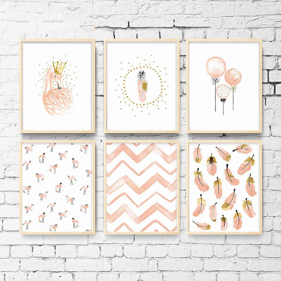 Nursery-Girl-Bedroom-Decoration-Flamingo-Feather-Wall-Art-Canvas-Poster-and-Print-Cartoon-Painting-Wall-Pictures