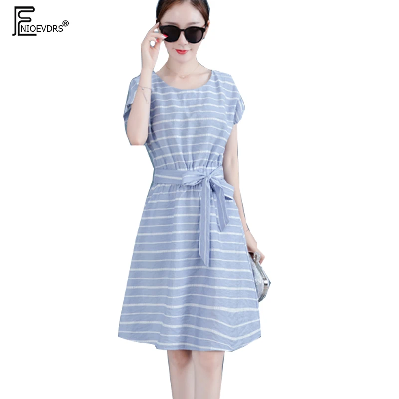 Cute Sweet Dresses Women Fashion Summer Short Sleeve Slim Waist A Line O Neck Blue Striped Belt Bow Tie Casual Dress 7209