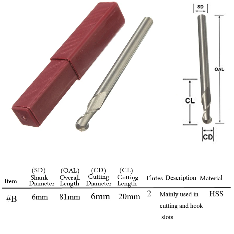 

10PCS HSS & Aluminium 6mm x 6mm 2 Flute Ball Nose End Milling Lathe Cutter CNC Bit Tool