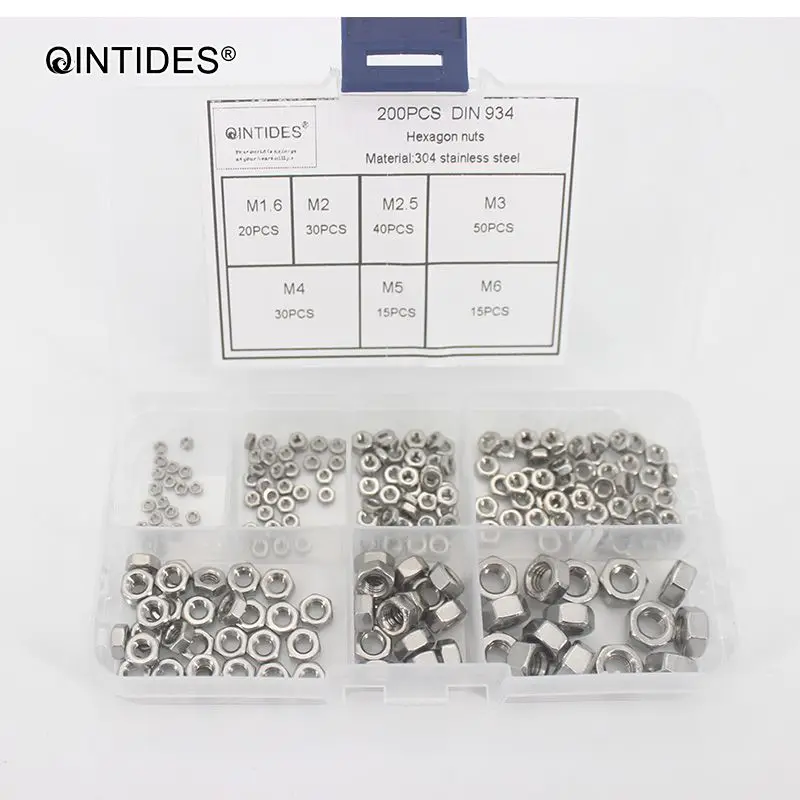 QINTIDES 200 шт./компл. M1.6 M2 M2.5 M3 M4 M5 M6 шестигранные гайки с метрическими резьбой 304 из