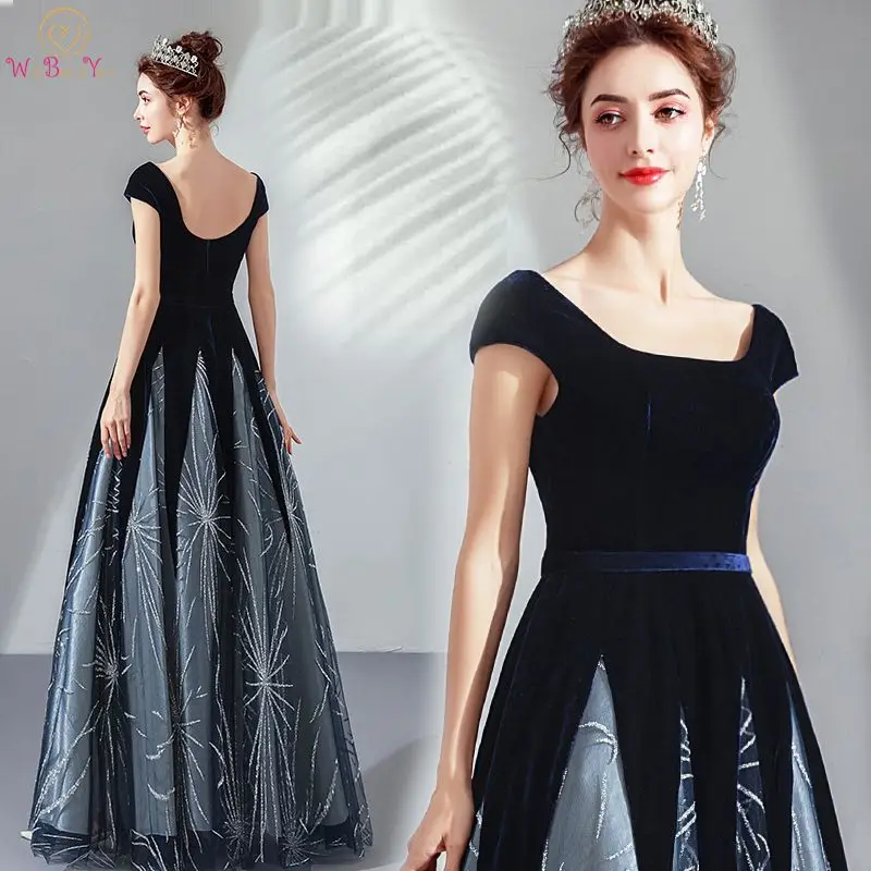 

New Special Contrast Color Evening Dresses Navy Blue Women Scoop Neck Cap Sleeve A Line Simple Party Formal Long Empire Gowns