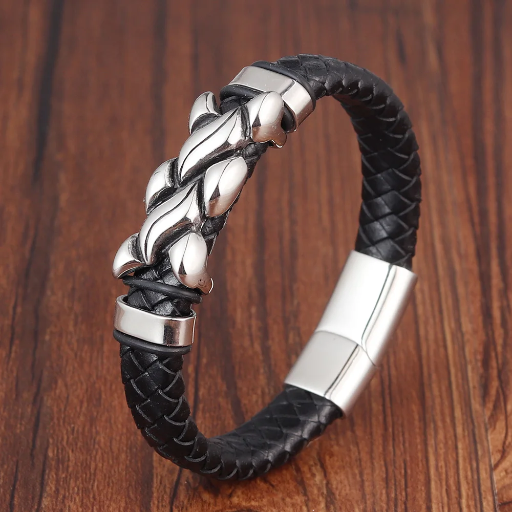 

Classic Style Leather With Stainless Steel Stitching Combination Men's Bracelet Black/Steel Buckle Party Accessories Gift