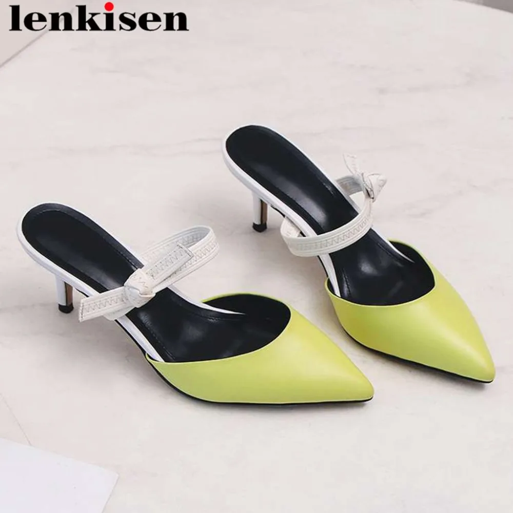 

Lenkisen elegant lady genuine leather pointed toe stiletto high heels butterfly-knot slip on mules movie stars wedding pumps L02
