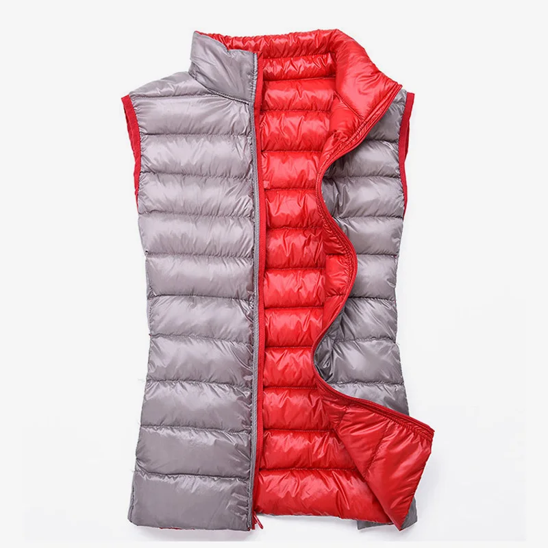 Acheter Femmes duvet de canard réversible gilets hauts col montant sans manches matelassé femmes vestes 2019 automne hiver chaud gilet dames