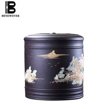 

Authentic Yixing Purple Clay Tea Cans Hand Painted Landscape Tea Caddy Puer Cake Storage Canister Sealed Box Vintage Home Decor