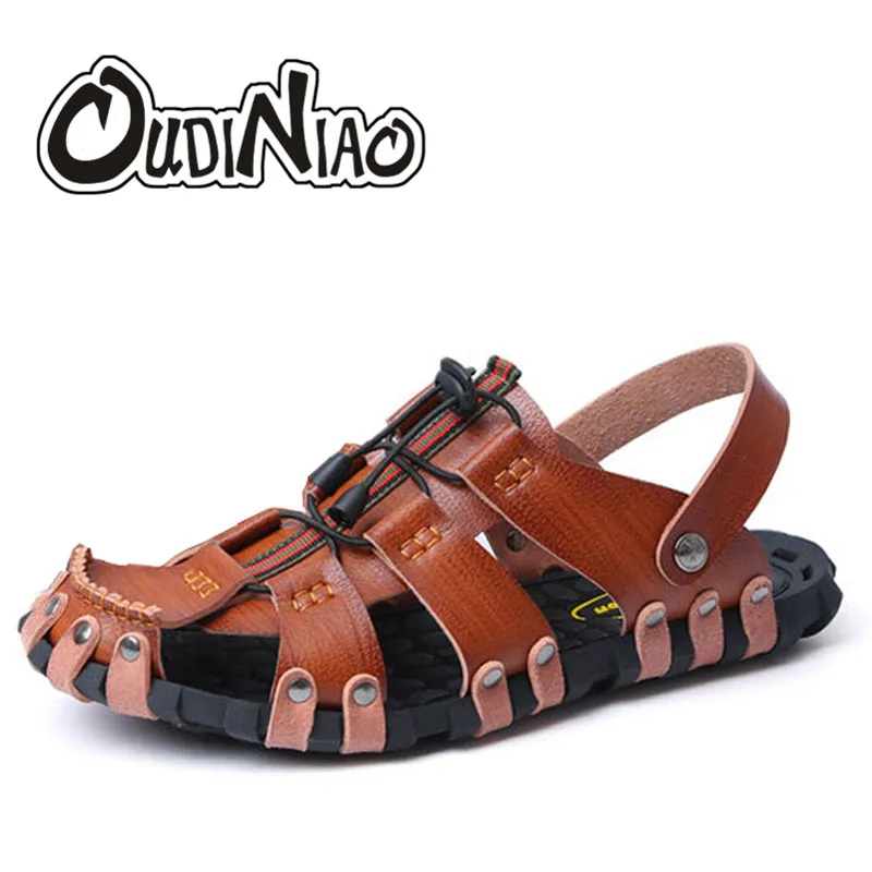 

OUDINIAO Mens Shoes Split Leather Designer Sandals Summer Slipper Men Shoes Beach Breathable Elastic Gladiator Slip Sandals Men