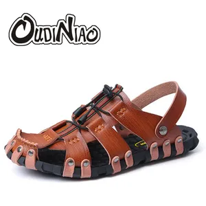 OUDINIAO/Мужская обувь из спилковой кожи; дизайнерские сандалии; летние шлепанцы; Мужская обувь; пляжные дышащие эластичные сандалии-гладиаторы; мужские слипоны - изображение