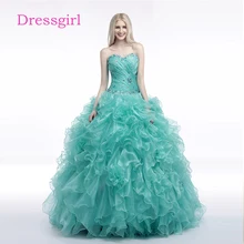 Бирюзовые Дешевые Бальные платья бальное платье Милая органза оборки Кристаллы бисером Сладкие 16 Платья