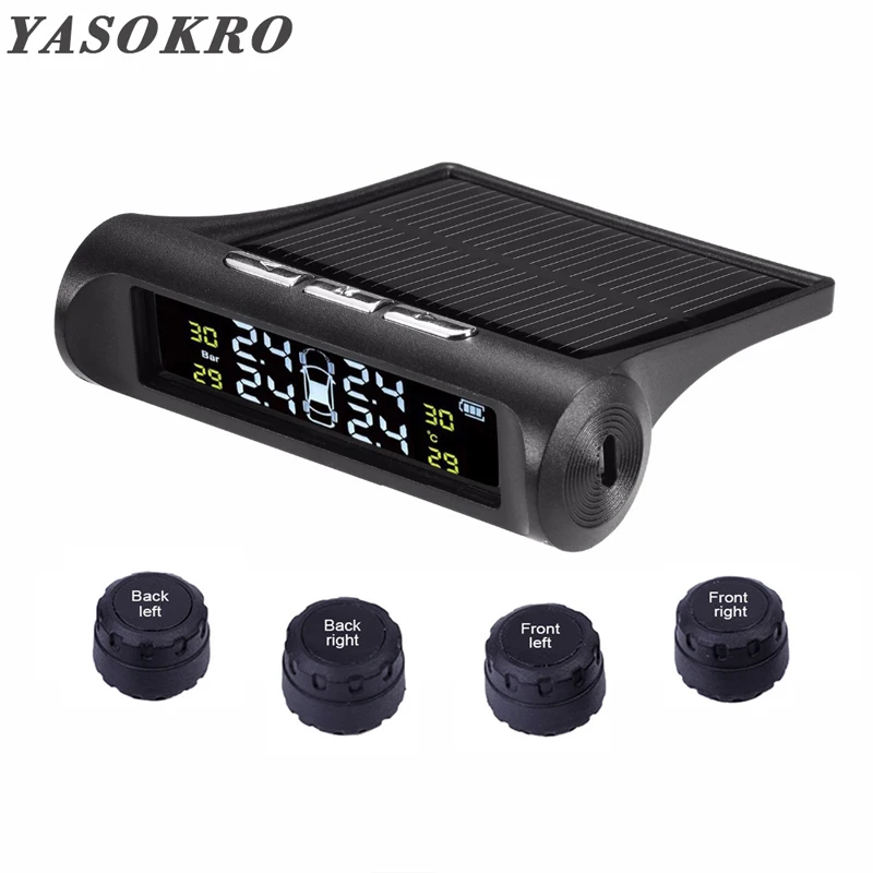 YASOKRO автомобильный TPMS датчик давления в шинах Система контроля солнечной зарядки ЖК-дисплей 4 внешних датчика датчик температуры