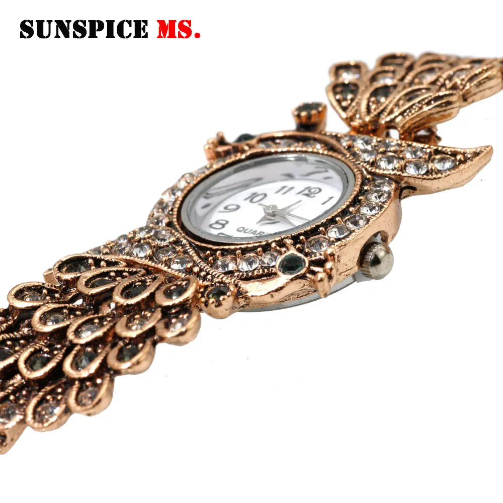 SUNSPICE MS этнические индийские Шарм в форме павлина браслет наручные часы для женщин античное золото цвет женские вечерние ювелирные изделия на манжетах