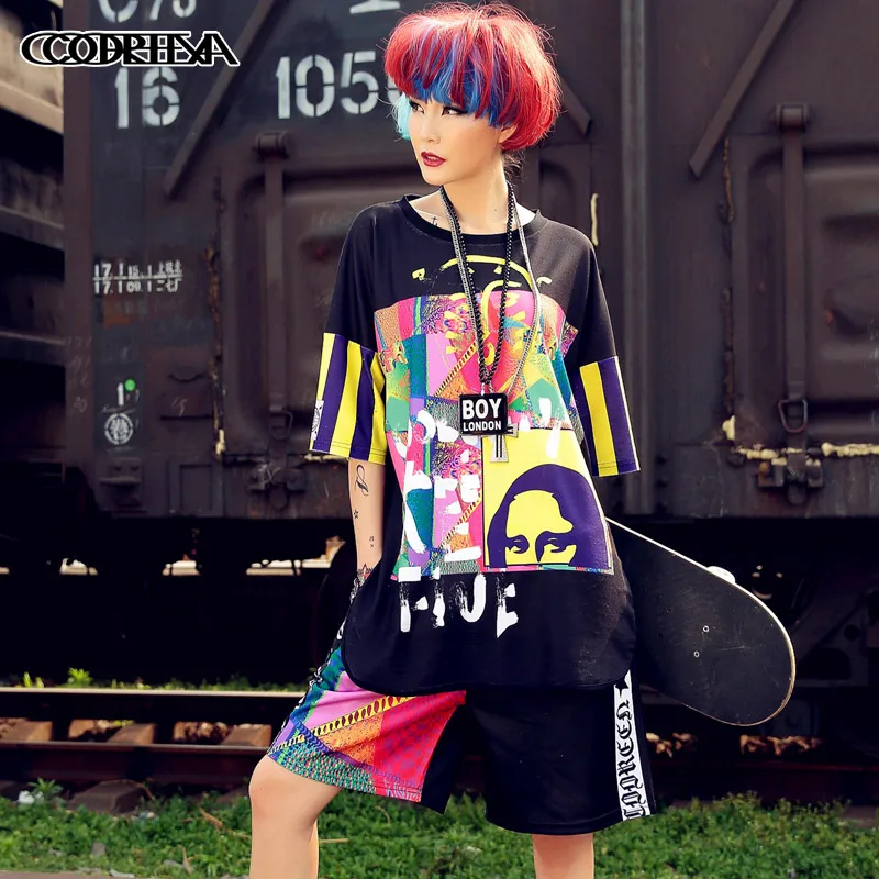 

harajuku t shirt women Skateboard Short Sleeves tshirt Street Punk Dance Clothes Rock Color Spray Hand Painted Graffiti tops new