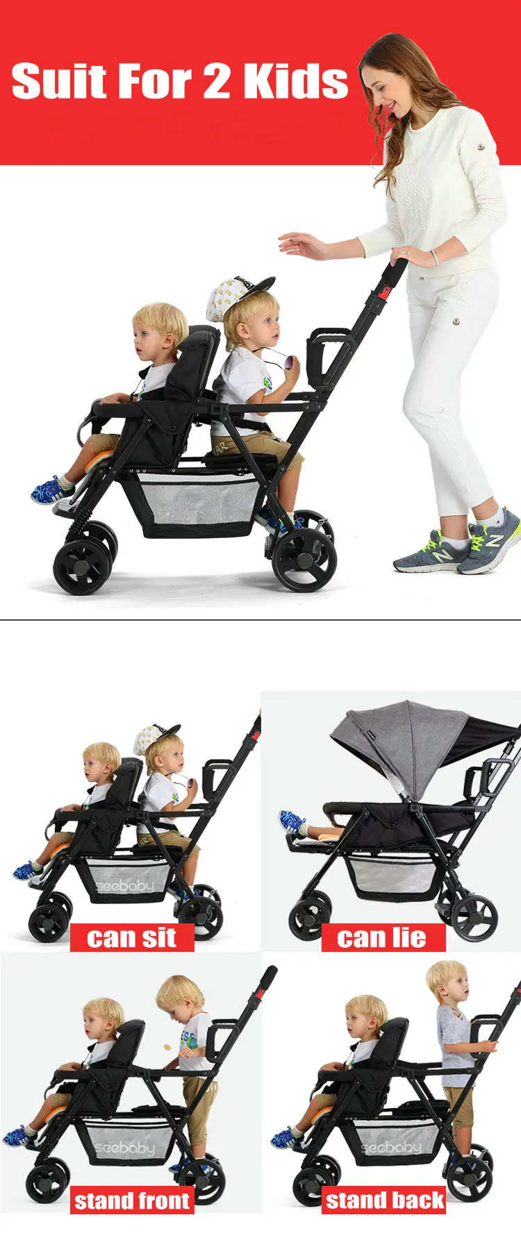 Коляска для двух детей Тандемная коляска складная двойная коляска для сидения и лежания