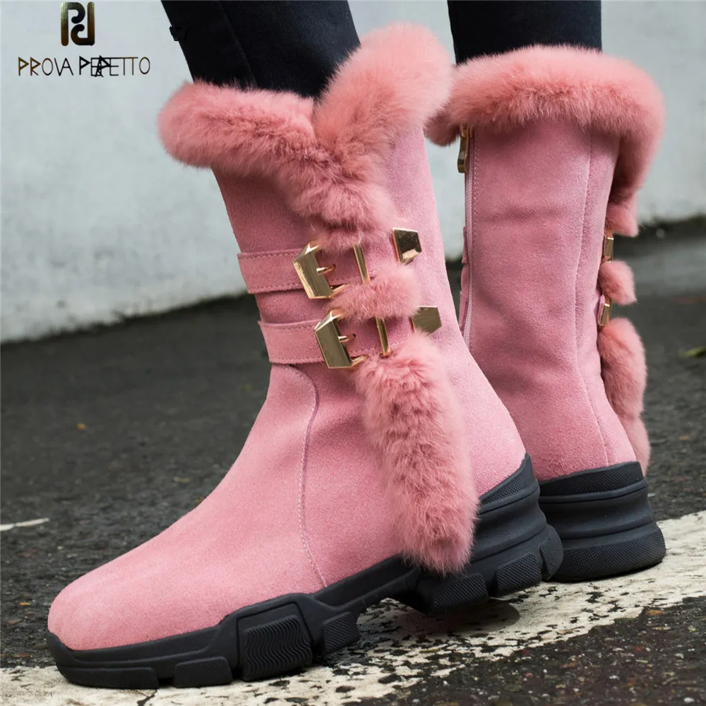 

Prova Perfetto Fashion Brand Mid Boots Winter Rabbit Fur Snow Boots Wedges Heel Platforms Short Martin Shoes Woman Casual Boots