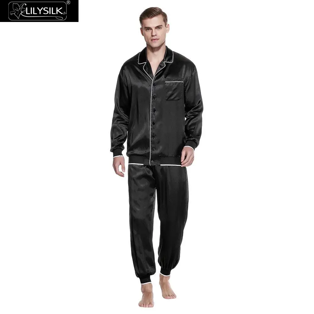 

LilySilk Pajamas Set Men Sleepwear Nightwear Pure 100 Natural Silk 22 momme Black Cuff Male Brand Men's Clothing Free Shipping