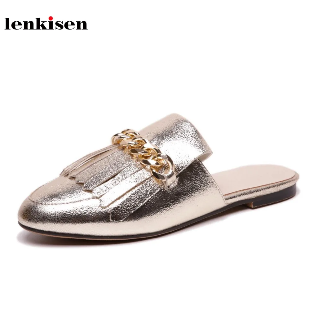 

Lenkisen PU pointed toe slingback flat with slip on mules chain decoration shoes concise style fringe fashion women flats L5f6