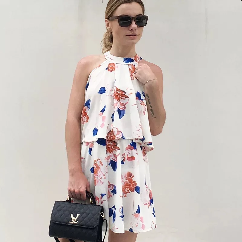 

2 Pieces Set Fashion 2019 Summer Women Sets Sexy Halter Lady Sleeveless Floral Printed Women's Sets 2 Pieces Jumpsuits&Rompers