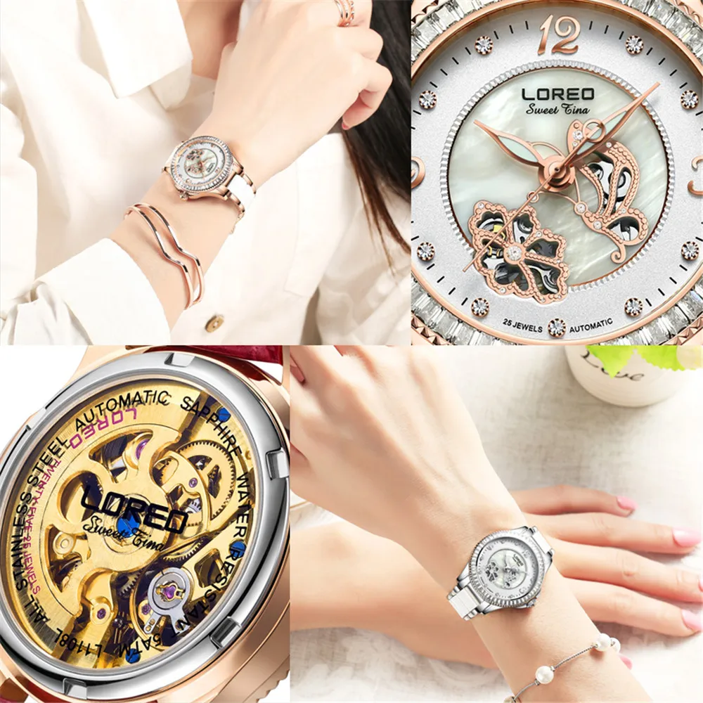Женские часы, Роскошные наручные часы LOREO, relogio feminino, часы для женщин, керамика, сталь, для леди, розовое золото, механические Женские часы, новинка